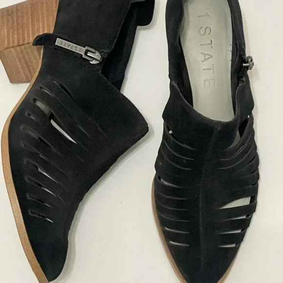 1.State Women's Black Pointed Strappy Ankle Bootie Suede Shoes blocked heel sz 6 - Picture 2 of 16